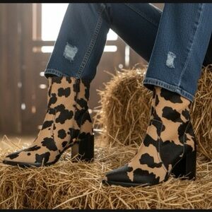 Cow Print Booties Western Leather Rider Calf Hair Block Heel Cowgirl New
